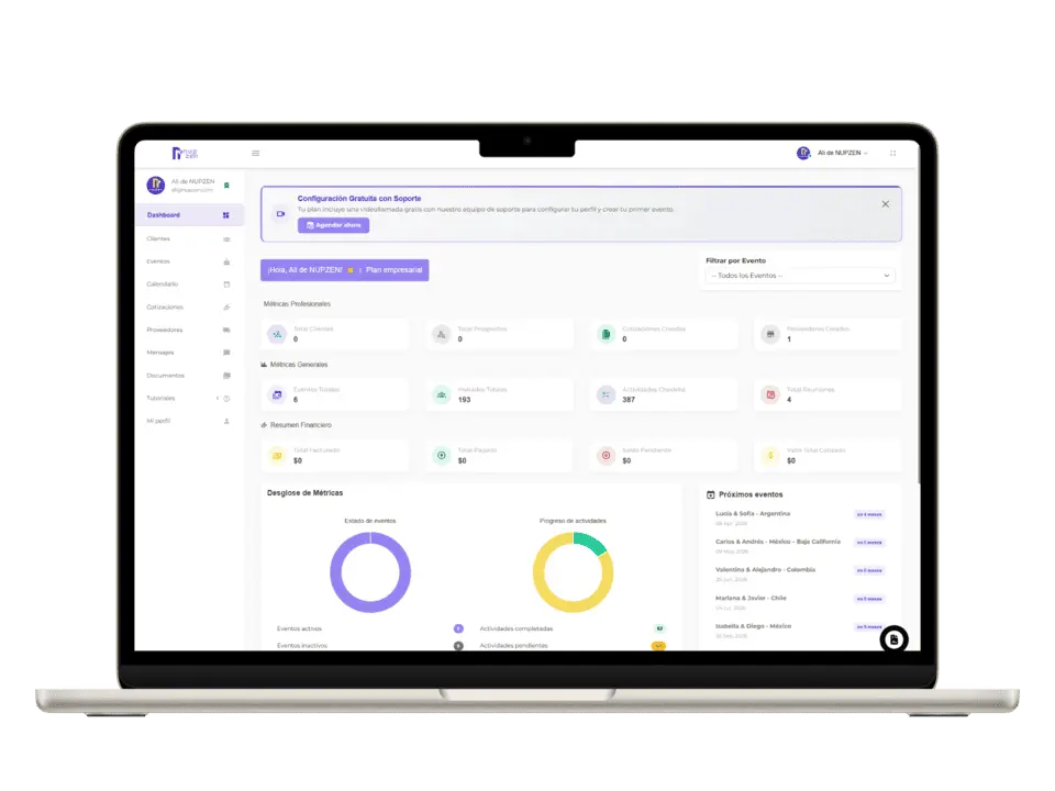 Dashboard de Nupzen mostrando gestión de invitados, presupuesto y calendario para bodas